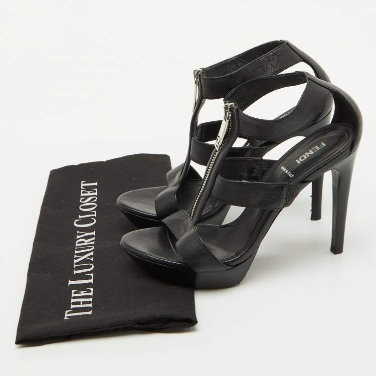 Pre Owned Fendi Black Leather Zipper Strappy Platform Sandals Size 37.5