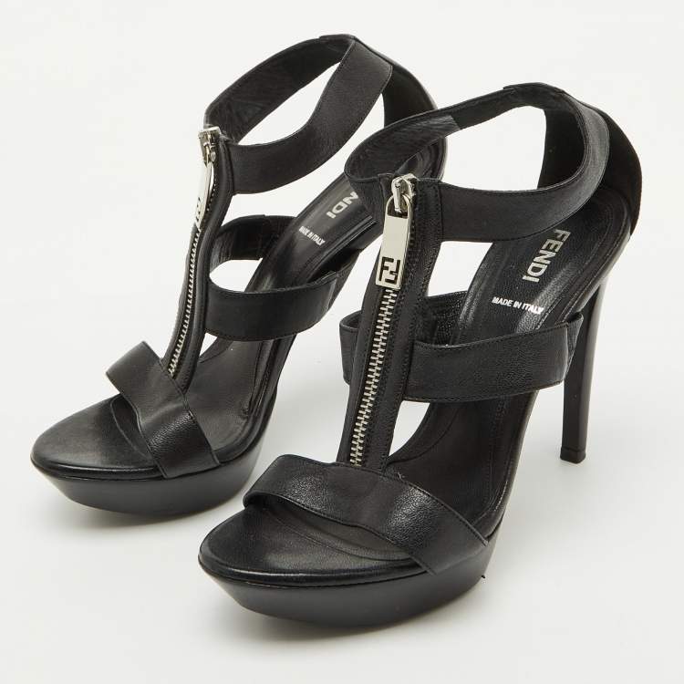Pre Owned Fendi Black Leather Zipper Strappy Platform Sandals Size 37.5