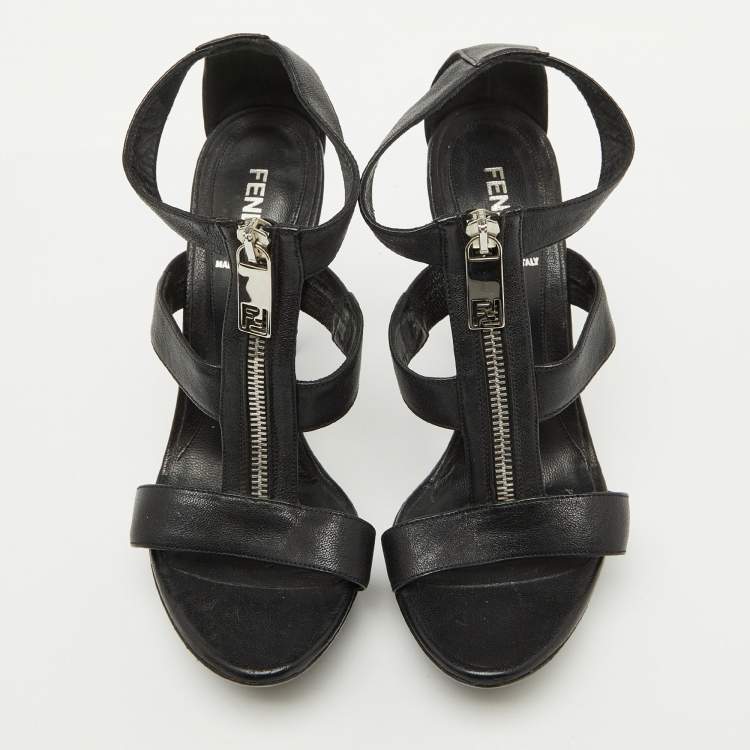 Pre Owned Fendi Black Leather Zipper Strappy Platform Sandals Size 37.5