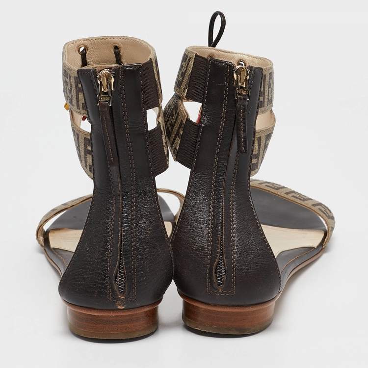 Pre Owned Fendi Tobacco Zucca Canvas and Leather Ankle Strap Flat Sandals Size 37.5