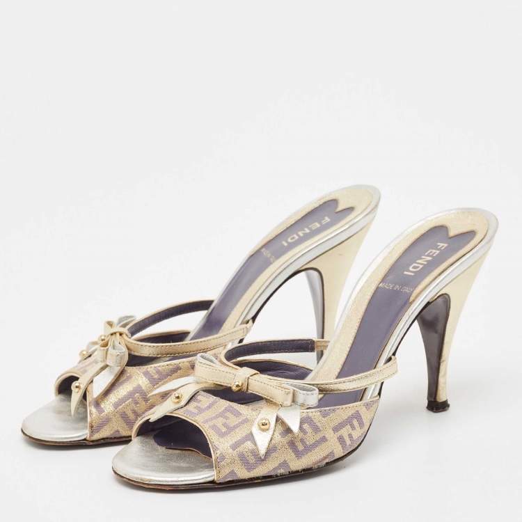 Pre Owned Fendi Yellow/Brown Leather and Zucca Canvas Slide Sandals Size 36.5