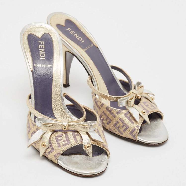 Pre Owned Fendi Yellow/Brown Leather and Zucca Canvas Slide Sandals Size 36.5