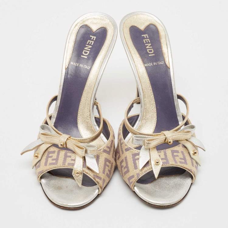 Pre Owned Fendi Yellow/Brown Leather and Zucca Canvas Slide Sandals Size 36.5