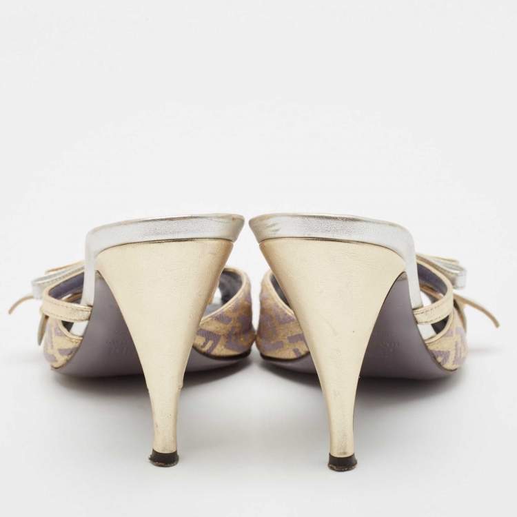 Pre Owned Fendi Yellow/Brown Leather and Zucca Canvas Slide Sandals Size 36.5