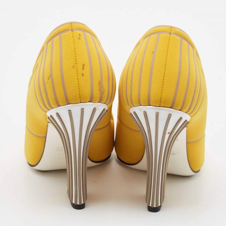 Pre Owned Fendi Yellow Fabric F Freedom Block Heel Pumps Size 38