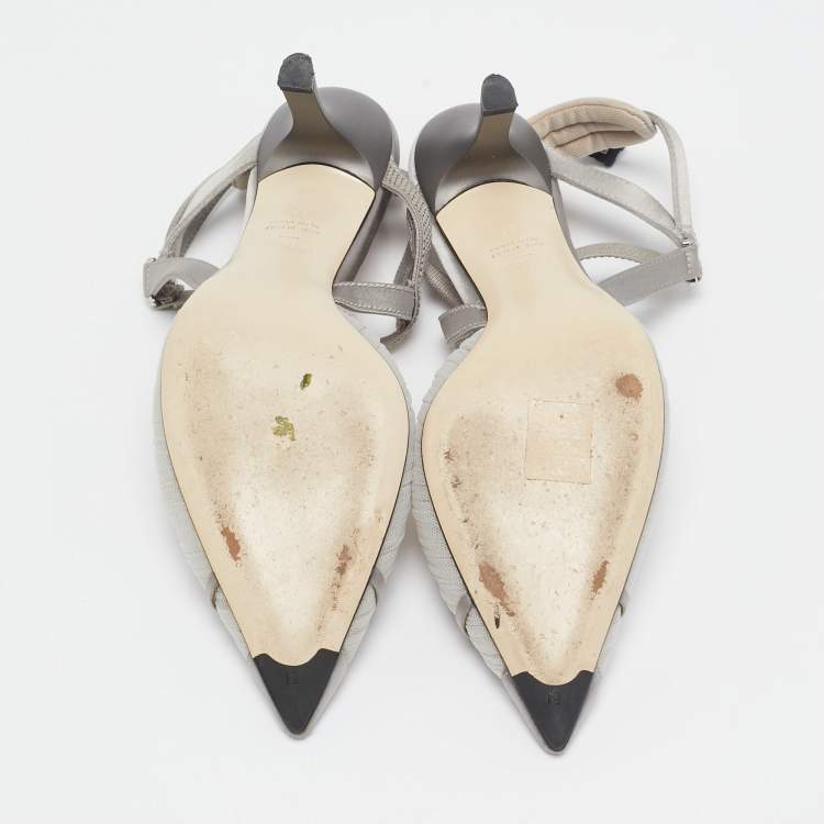 Pre Owned Fendi Grey Satin and Net Colibri Lite Slingback Pumps Size 36