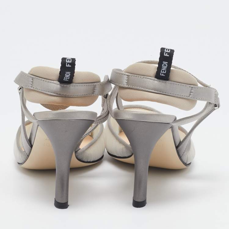 Pre Owned Fendi Grey Satin and Net Colibri Lite Slingback Pumps Size 36