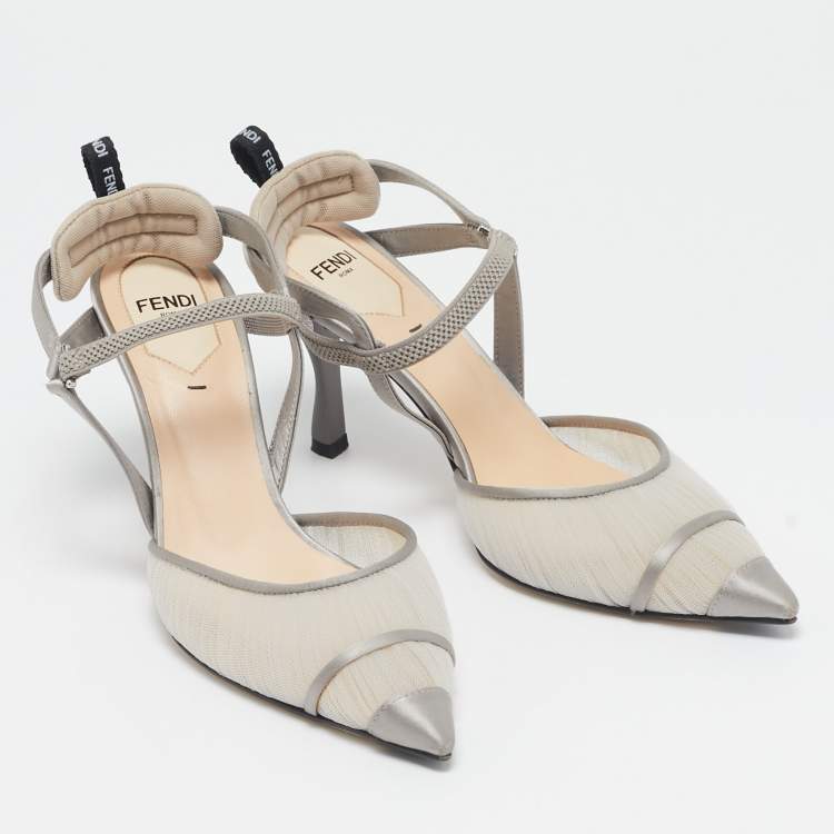 Pre Owned Fendi Grey Satin and Net Colibri Lite Slingback Pumps Size 36