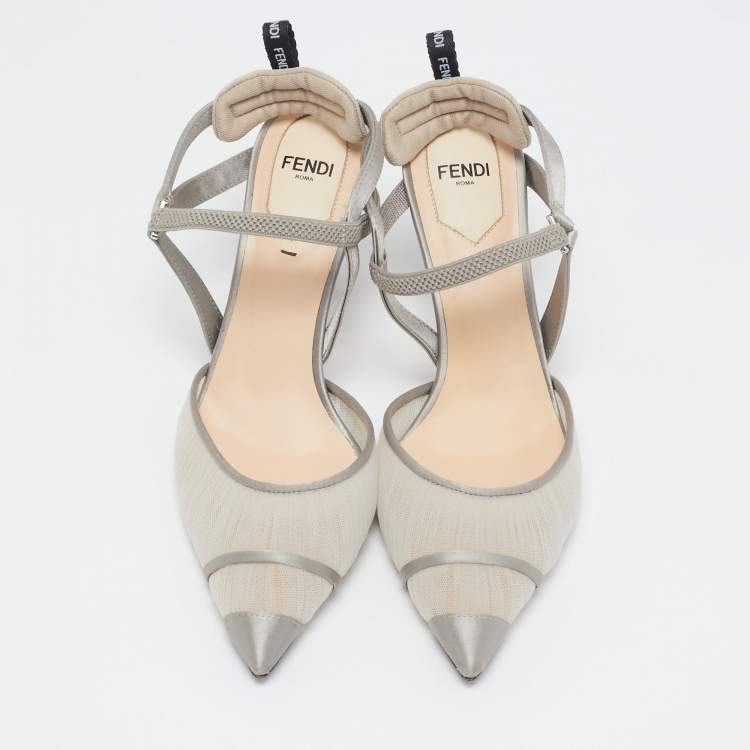 Pre Owned Fendi Grey Satin and Net Colibri Lite Slingback Pumps Size 36