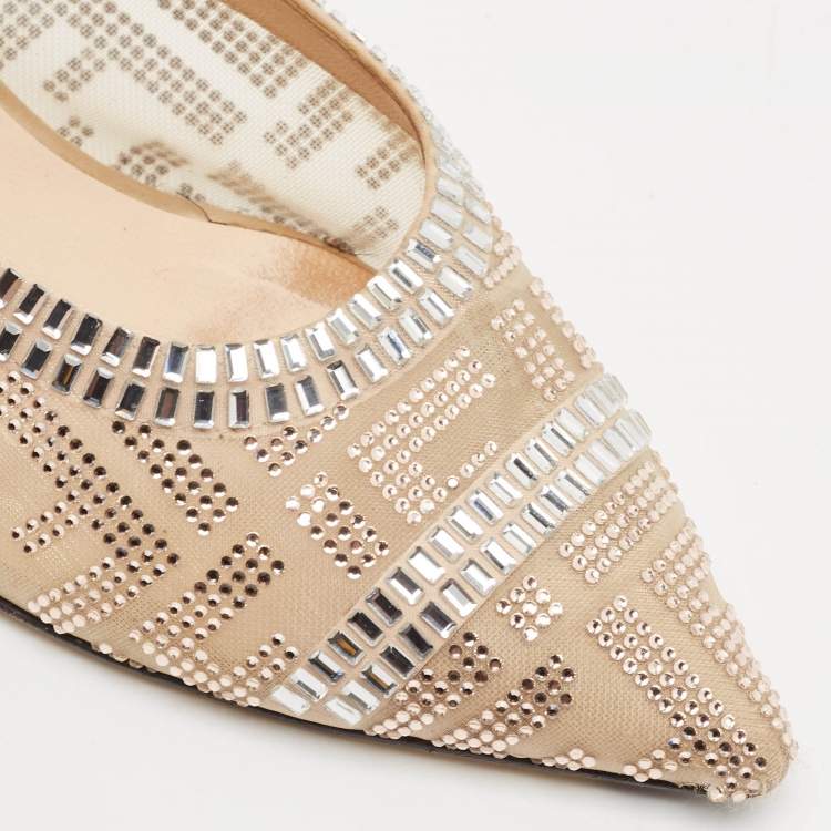 Pre Owned Fendi Beige Mesh Crystal Embellished Colibri Mules Size 38.5
