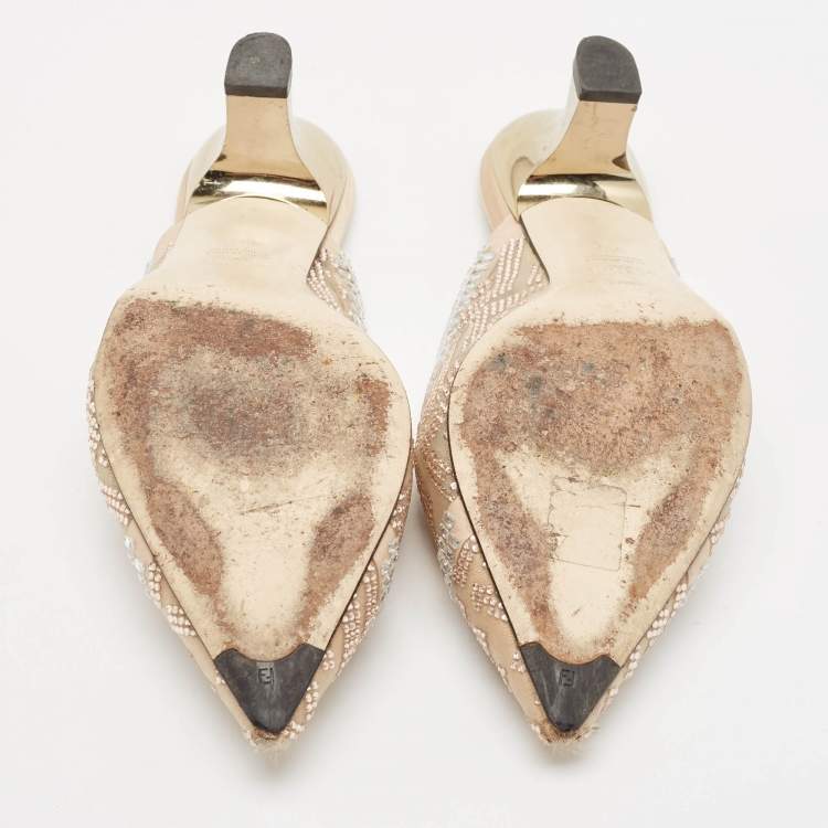 Pre Owned Fendi Beige Mesh Crystal Embellished Colibri Mules Size 38.5