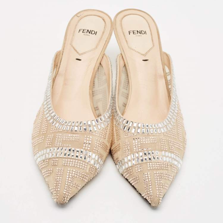 Pre Owned Fendi Beige Mesh Crystal Embellished Colibri Mules Size 38.5