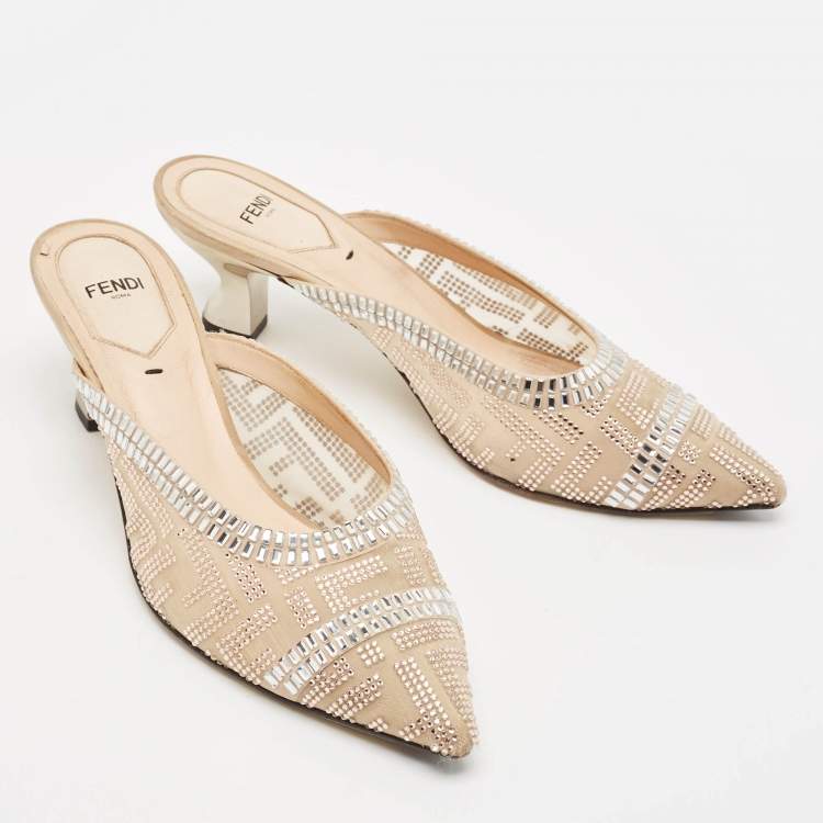 Pre Owned Fendi Beige Mesh Crystal Embellished Colibri Mules Size 38.5