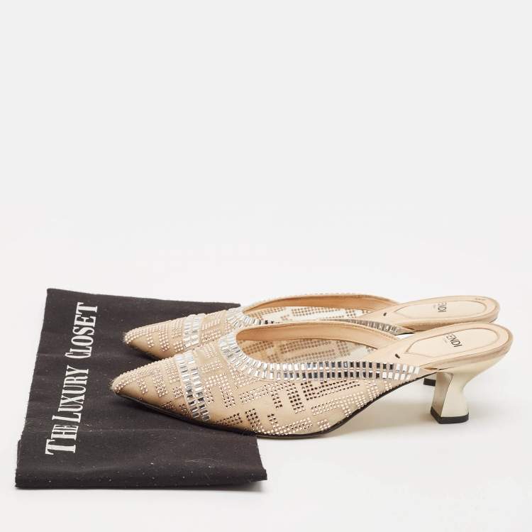 Pre Owned Fendi Beige Mesh Crystal Embellished Colibri Mules Size 38.5