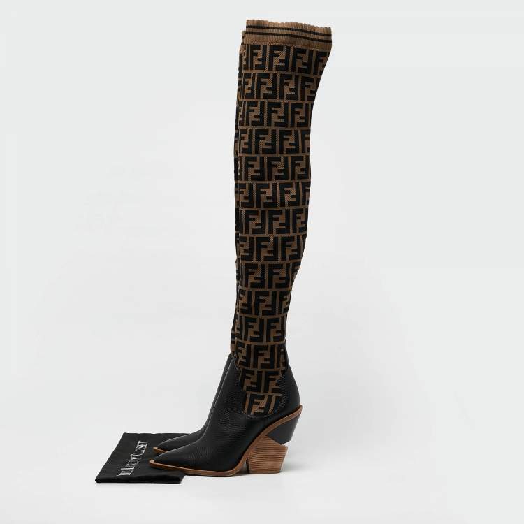 Pre Owned Fendi Black/Beige Zucca Fabric And Leather Colibri Knee Length Boots Size 38