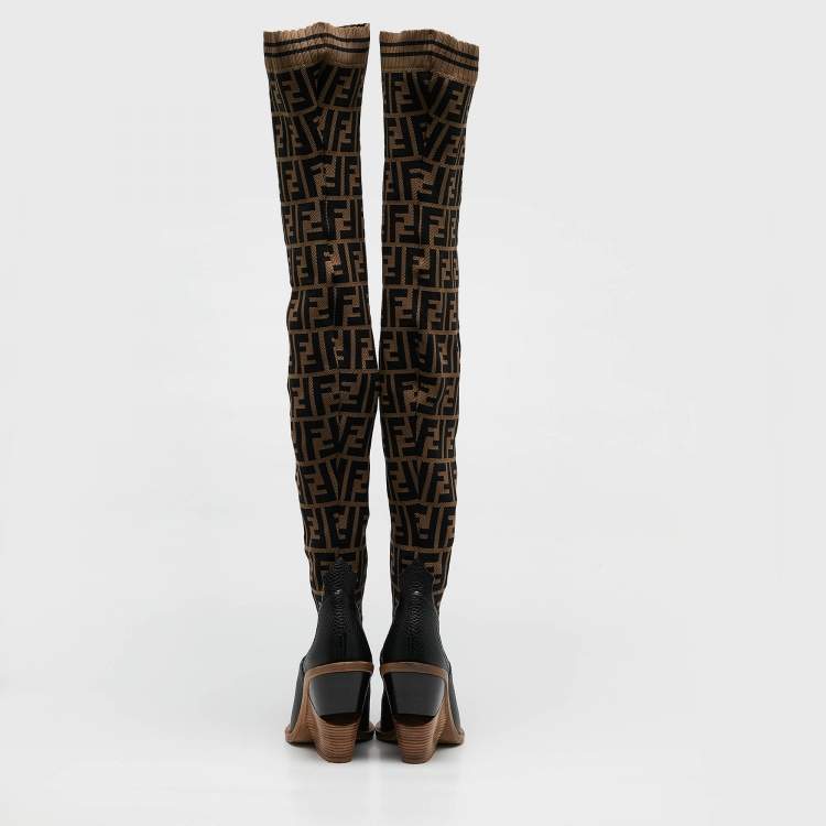 Pre Owned Fendi Black/Beige Zucca Fabric And Leather Colibri Knee Length Boots Size 38