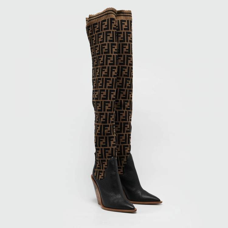 Pre Owned Fendi Black/Beige Zucca Fabric And Leather Colibri Knee Length Boots Size 38