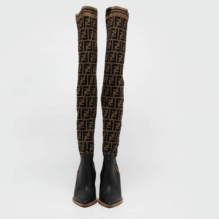 Pre Owned Fendi Black/Beige Zucca Fabric And Leather Colibri Knee Length Boots Size 38