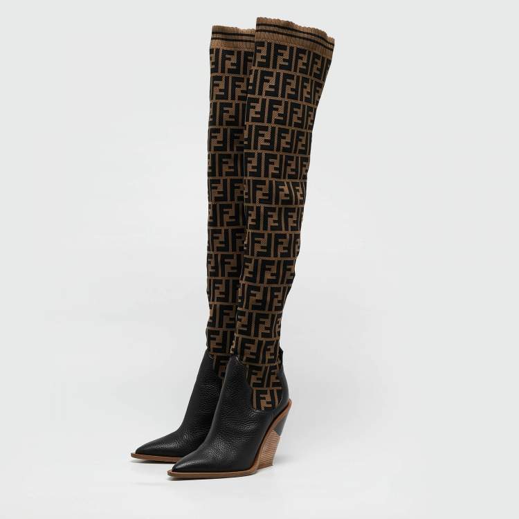 Pre Owned Fendi Black/Beige Zucca Fabric And Leather Colibri Knee Length Boots Size 38