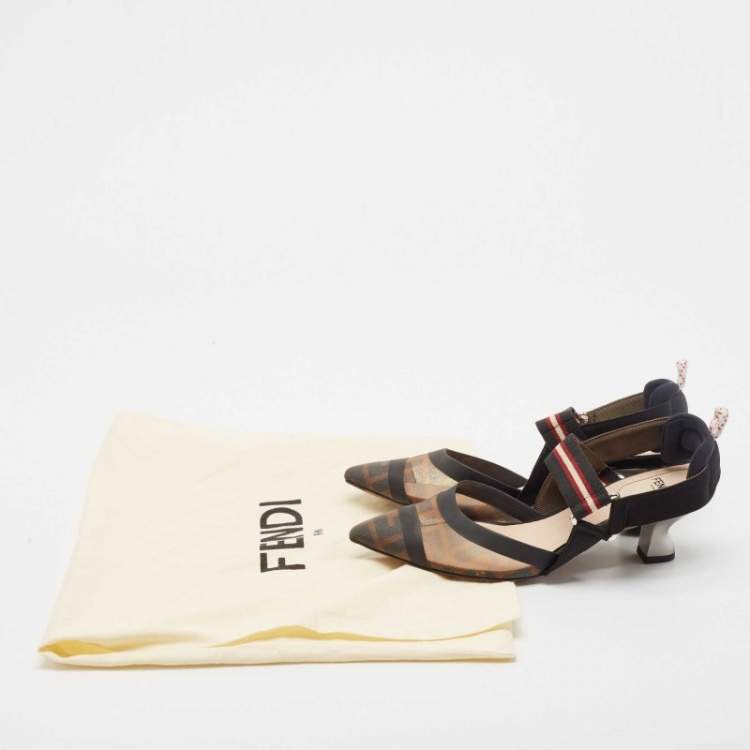 Pre Owned Fendi Brown Canvas and Mesh Colibri Slingback Pumps Size 35.5