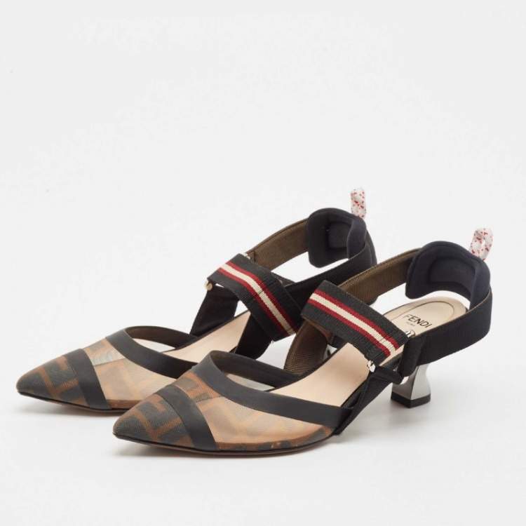 Pre Owned Fendi Brown Canvas and Mesh Colibri Slingback Pumps Size 35.5