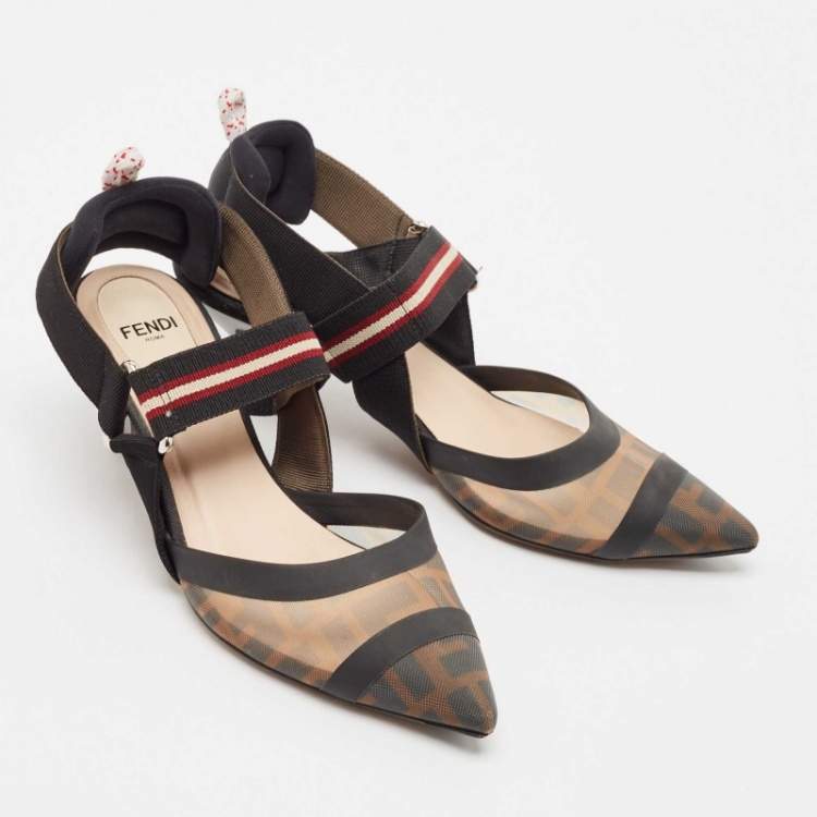 Pre Owned Fendi Brown Canvas and Mesh Colibri Slingback Pumps Size 35.5