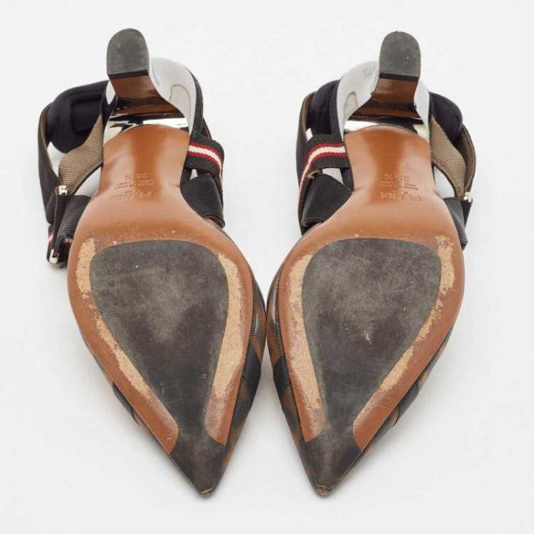 Pre Owned Fendi Brown Canvas and Mesh Colibri Slingback Pumps Size 35.5