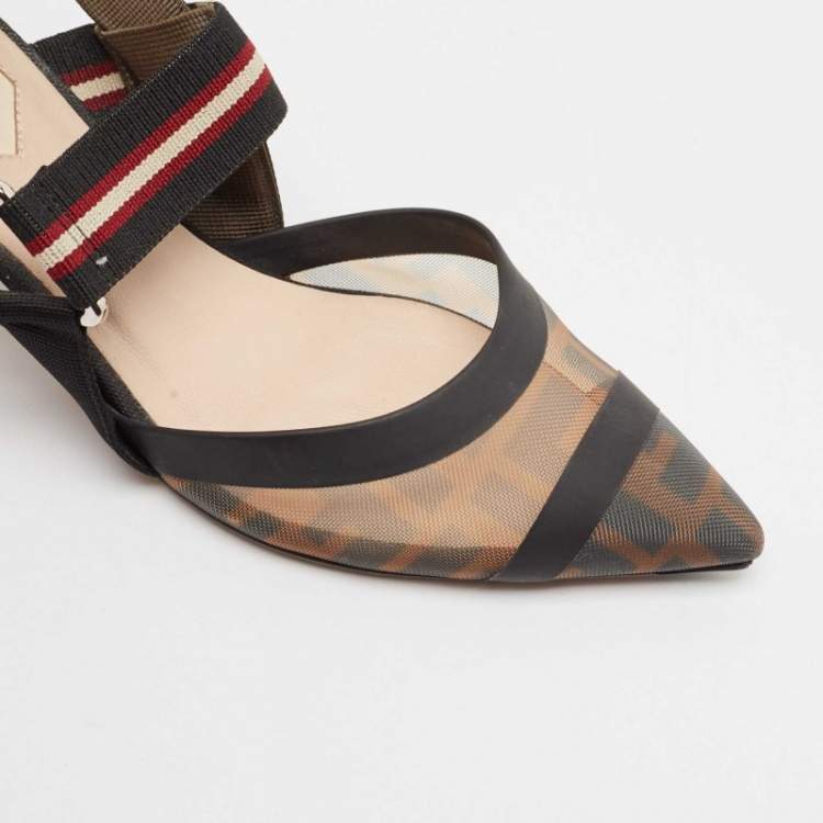 Pre Owned Fendi Brown Canvas and Mesh Colibri Slingback Pumps Size 35.5