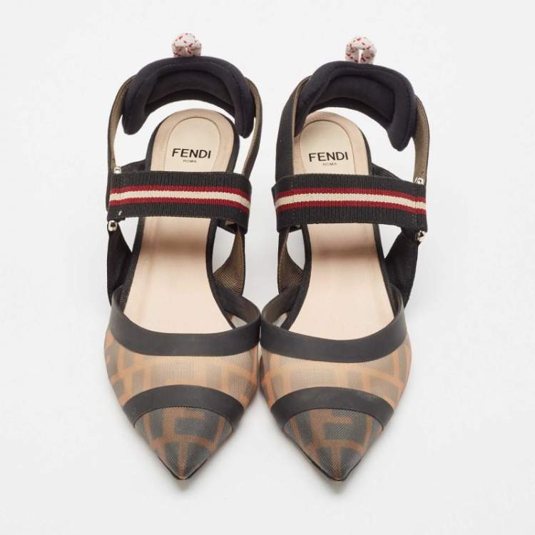 Pre Owned Fendi Brown Canvas and Mesh Colibri Slingback Pumps Size 35.5