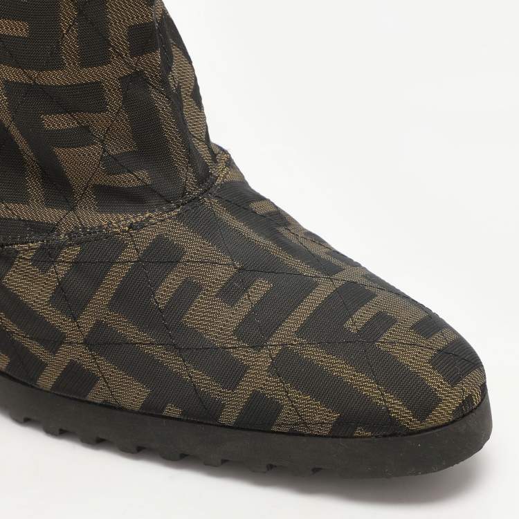 Pre Owned Fendi Green Zucca Canvas Ankle Length Boots Size 37.5