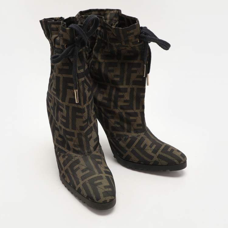 Pre Owned Fendi Green Zucca Canvas Ankle Length Boots Size 37.5