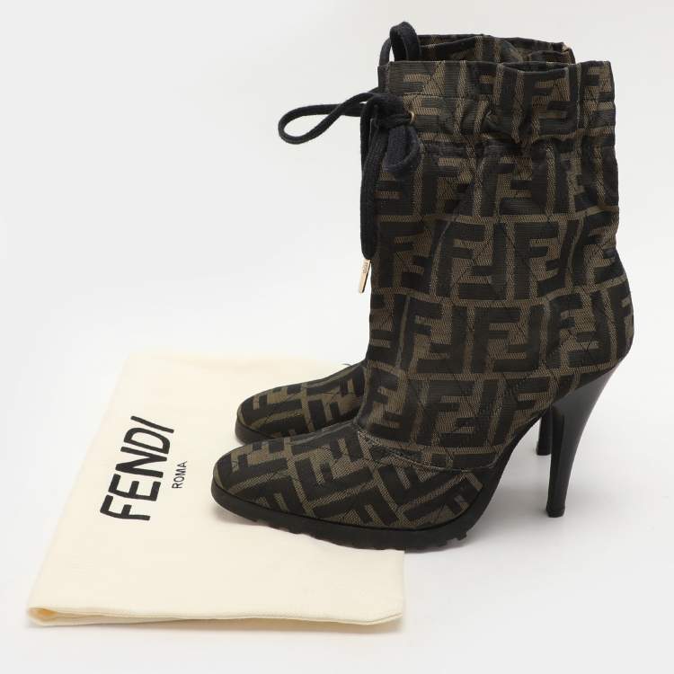 Pre Owned Fendi Green Zucca Canvas Ankle Length Boots Size 37.5