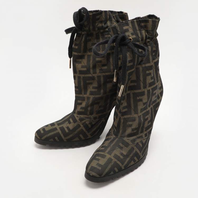 Pre Owned Fendi Green Zucca Canvas Ankle Length Boots Size 37.5