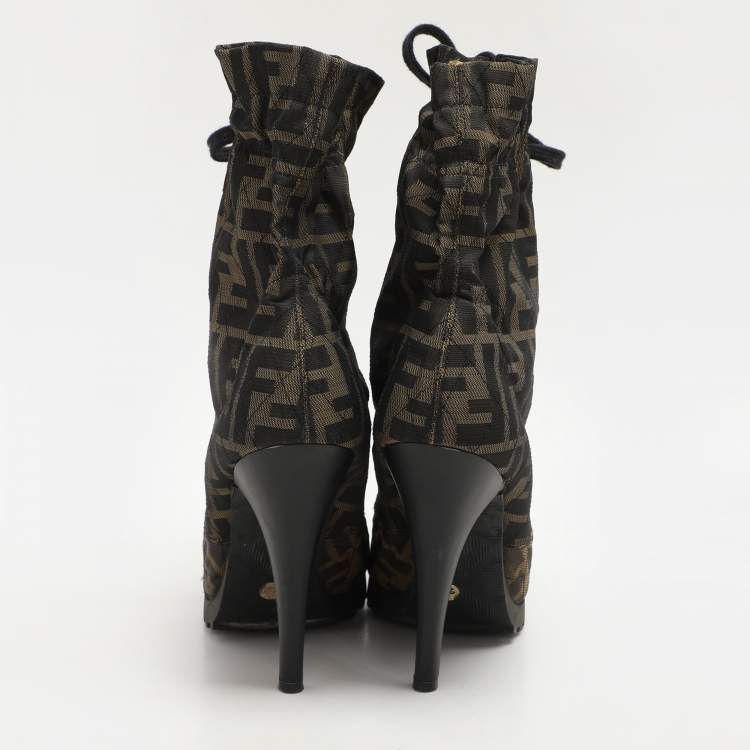 Pre Owned Fendi Green Zucca Canvas Ankle Length Boots Size 37.5