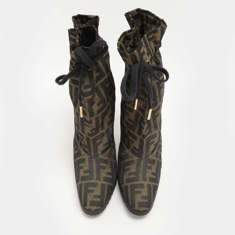 Pre Owned Fendi Green Zucca Canvas Ankle Length Boots Size 37.5