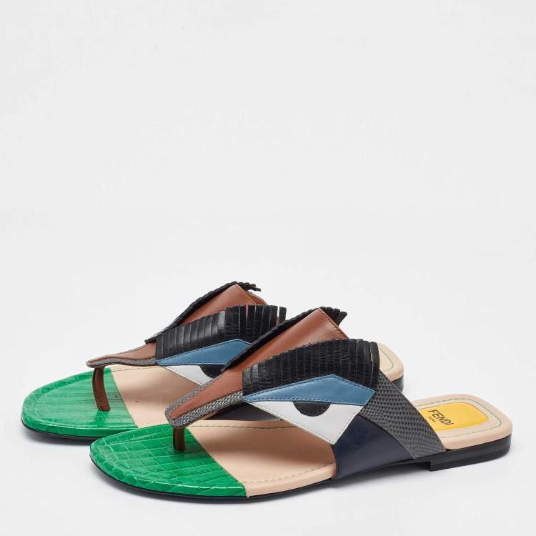 Pre Owned Fendi Multicolor Leather Bug Monster Flat Thong Sandals Size 37