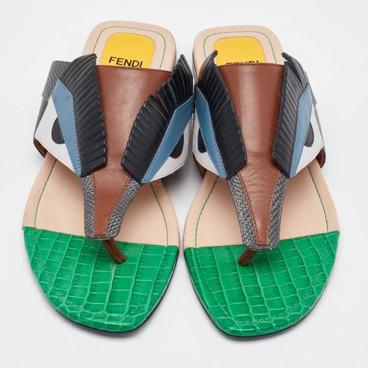Pre Owned Fendi Multicolor Leather Bug Monster Flat Thong Sandals Size 37