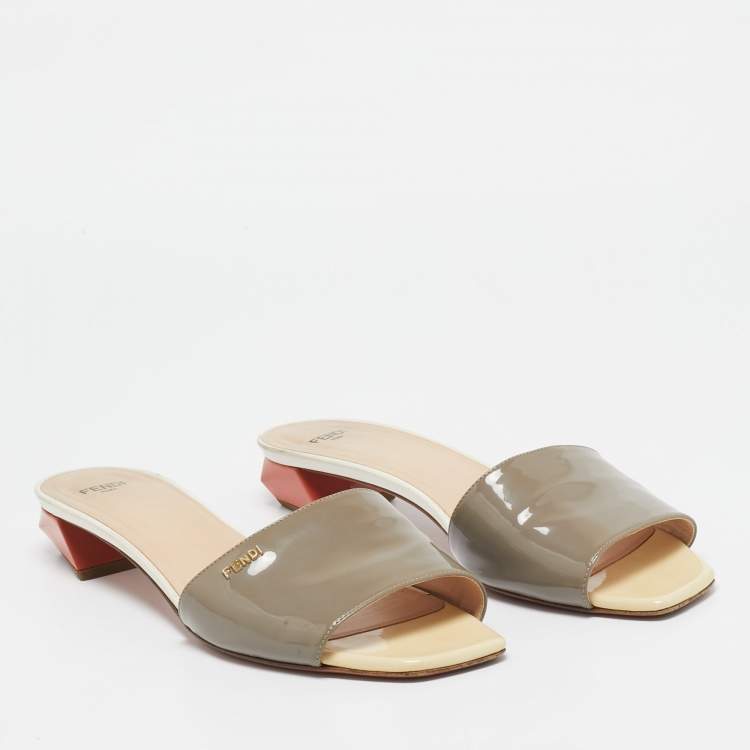 Pre Owned Fendi Grey Patent Leather Slide Sandals Size 41
