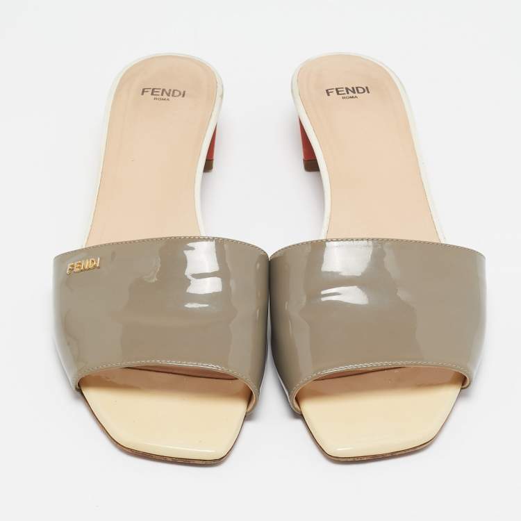 Pre Owned Fendi Grey Patent Leather Slide Sandals Size 41