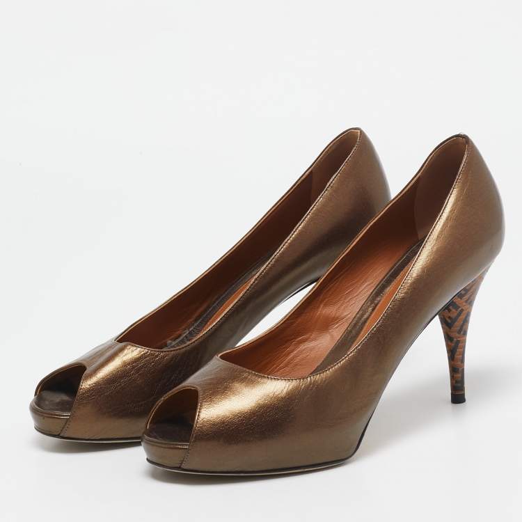 Pre Owned Fendi Bronze Leather Zucca Print Heel Peep Toe Pumps Size 40