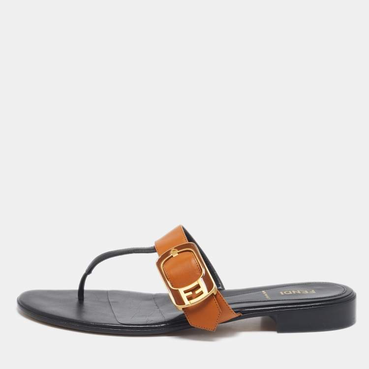 Pre Owned Fendi Brown/Black Leather Buckle Thong Slide Flats Size 40