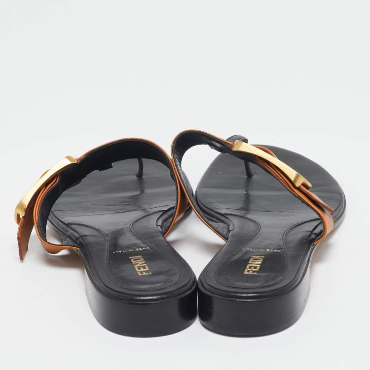 Pre Owned Fendi Brown/Black Leather Buckle Thong Slide Flats Size 40