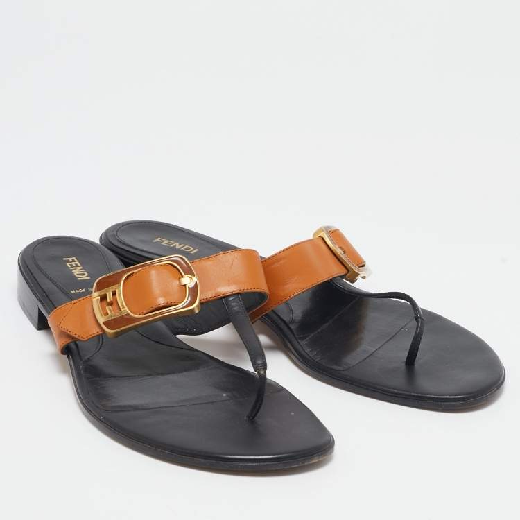 Pre Owned Fendi Brown/Black Leather Buckle Thong Slide Flats Size 40