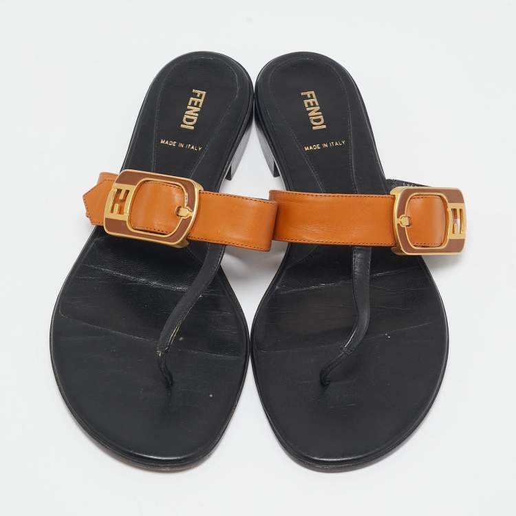 Pre Owned Fendi Brown/Black Leather Buckle Thong Slide Flats Size 40