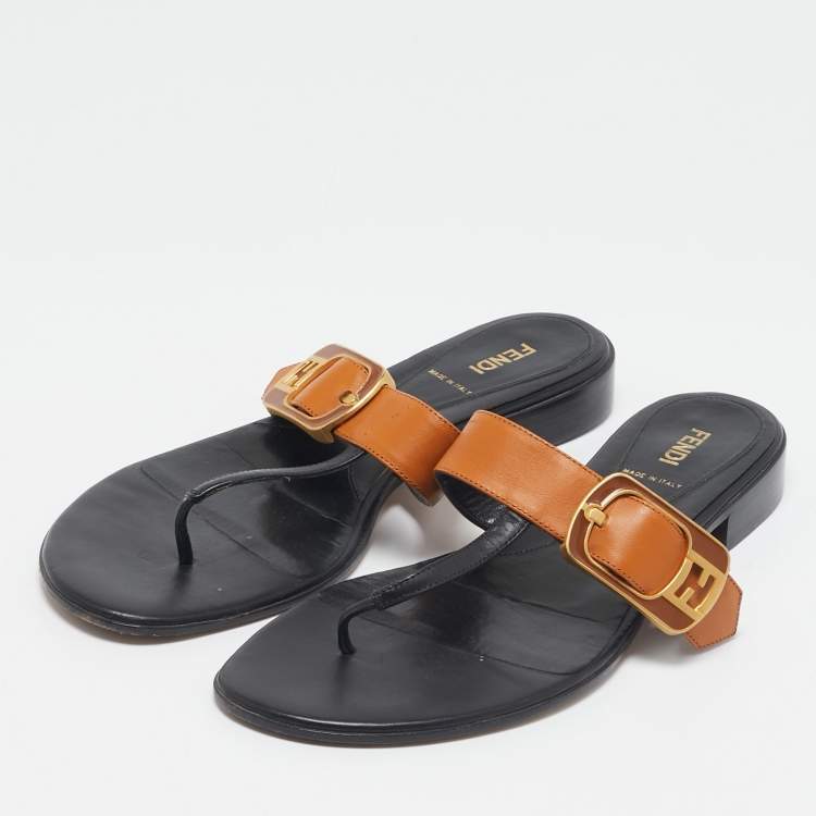 Pre Owned Fendi Brown/Black Leather Buckle Thong Slide Flats Size 40