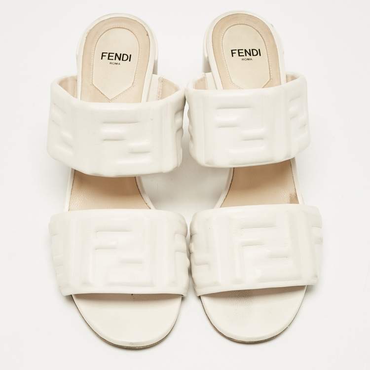 Pre Owned Fendi White Leather FF Block Heel Slide Sandals Size 39