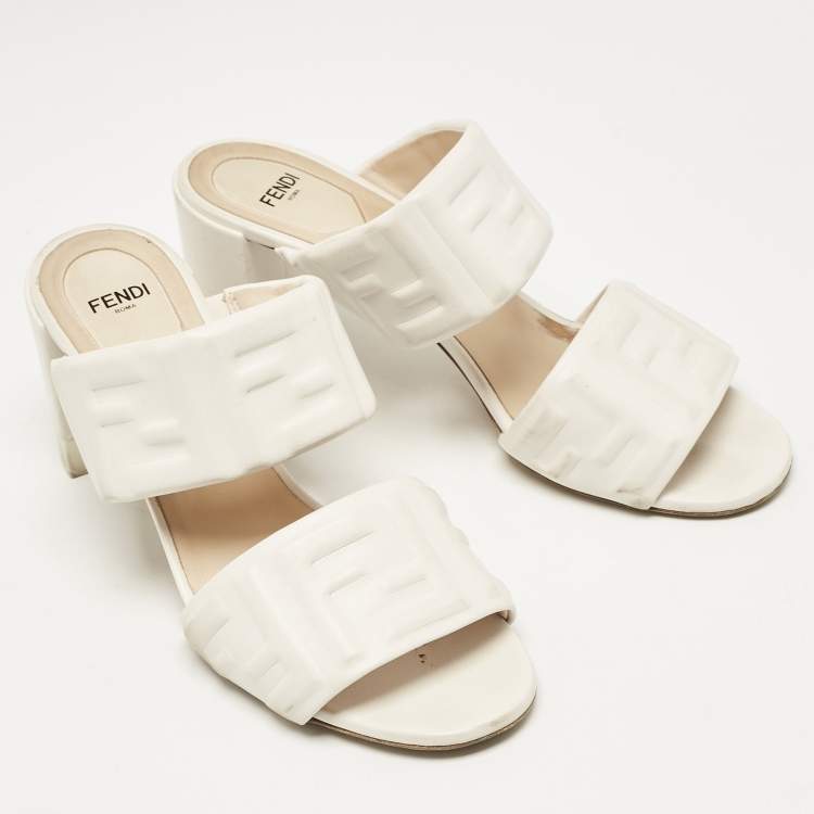 Pre Owned Fendi White Leather FF Block Heel Slide Sandals Size 39
