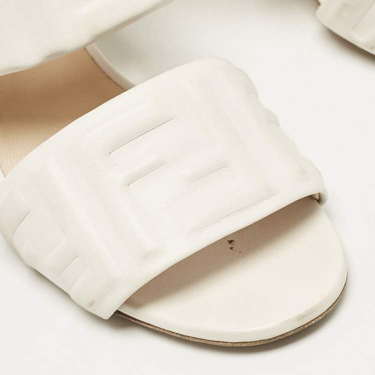 Pre Owned Fendi White Leather FF Block Heel Slide Sandals Size 39