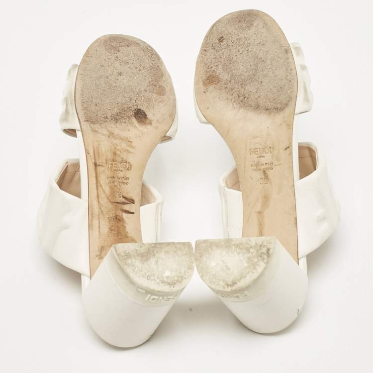 Pre Owned Fendi White Leather FF Block Heel Slide Sandals Size 39