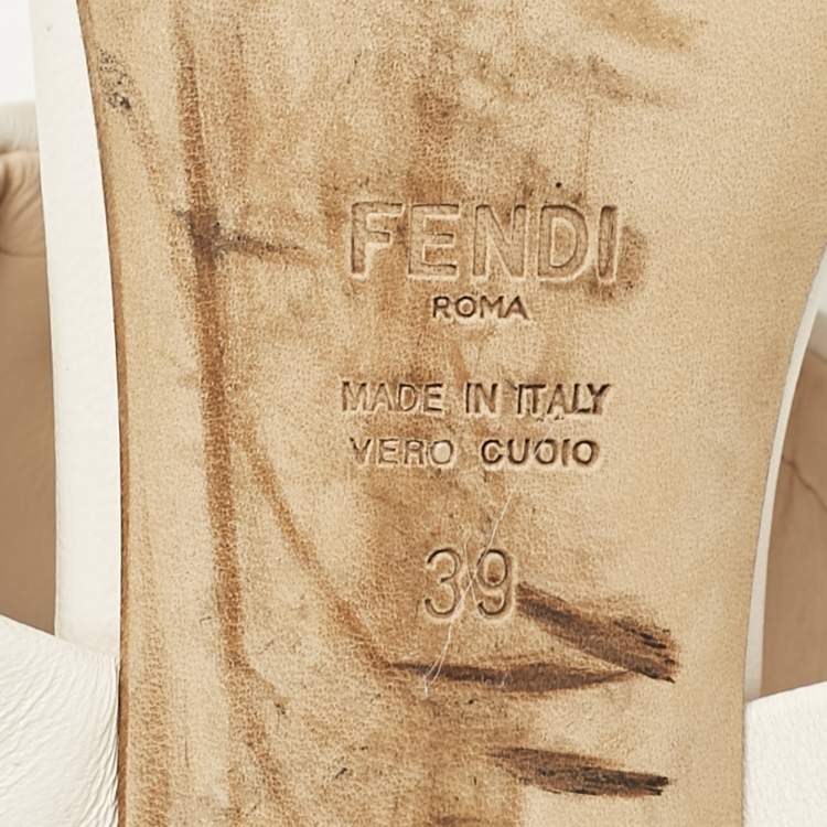 Pre Owned Fendi White Leather FF Block Heel Slide Sandals Size 39